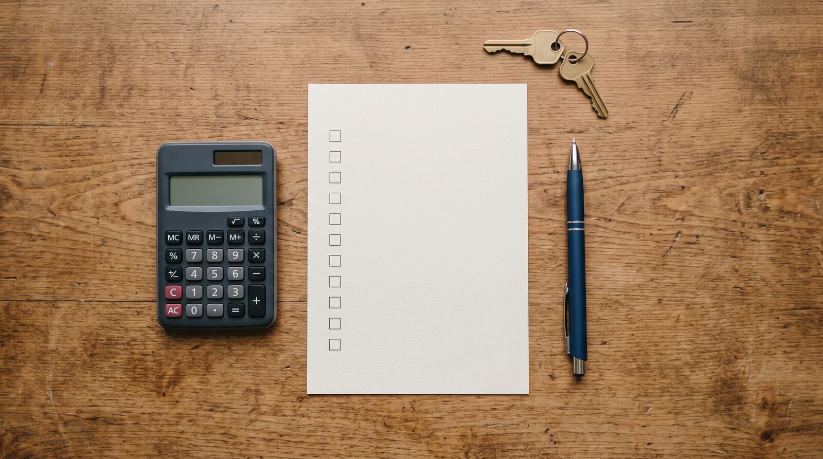 A blank checklist, pen, house key, and calculator arranged on a desk