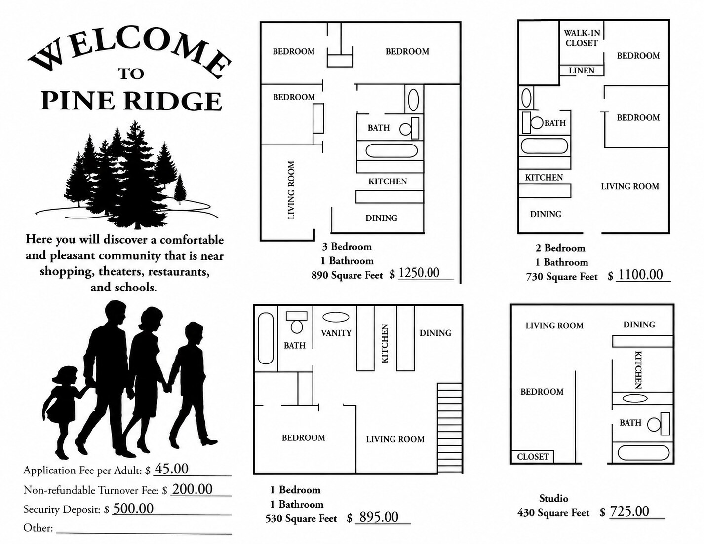 Diagram comparing the Pine Ridge Apartments studio, 1-bedroom, 2-bedroom, and 3-bedroom floor plans