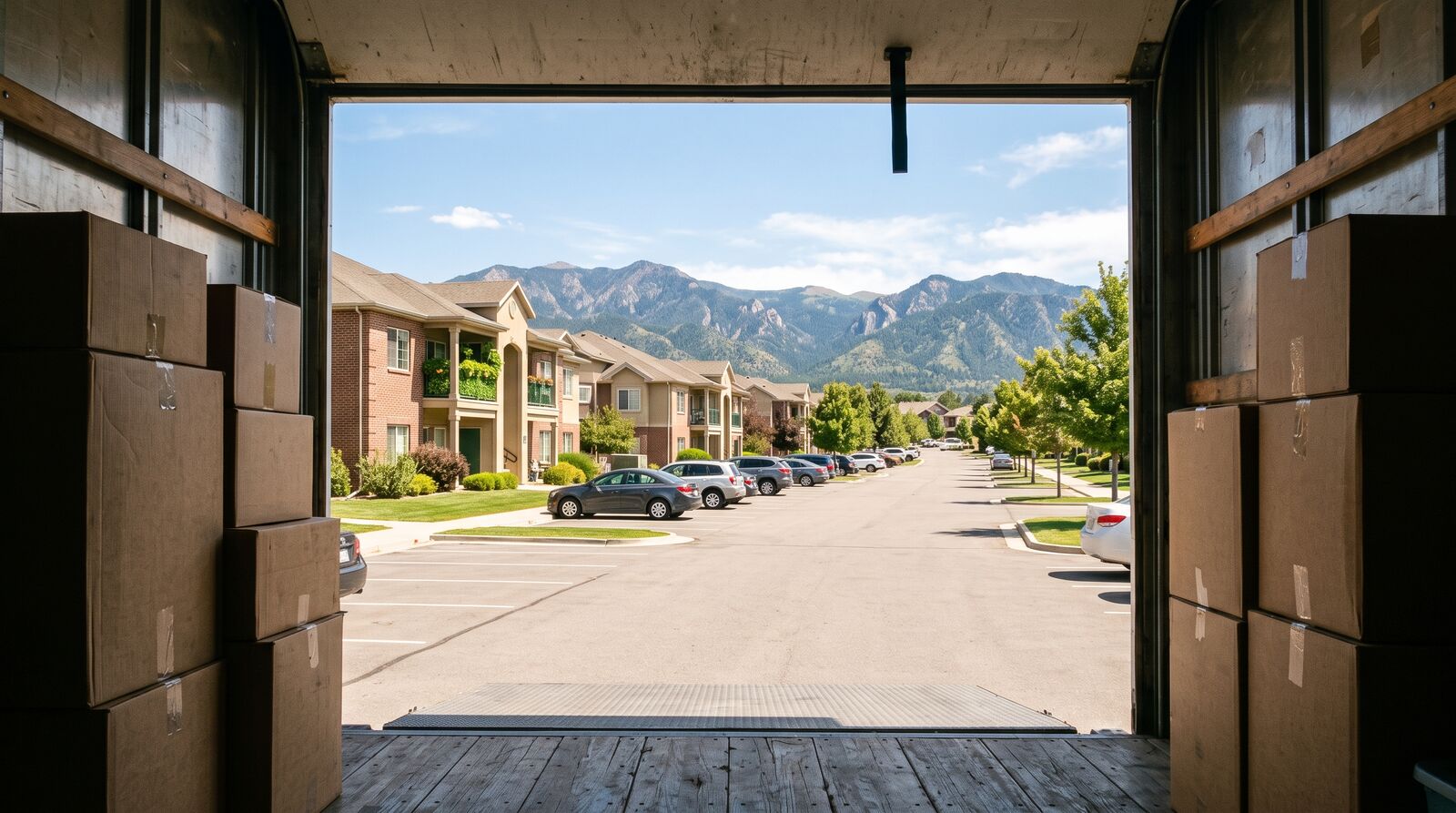 Moving boxes stacked outside an apartment building with mountains in the background