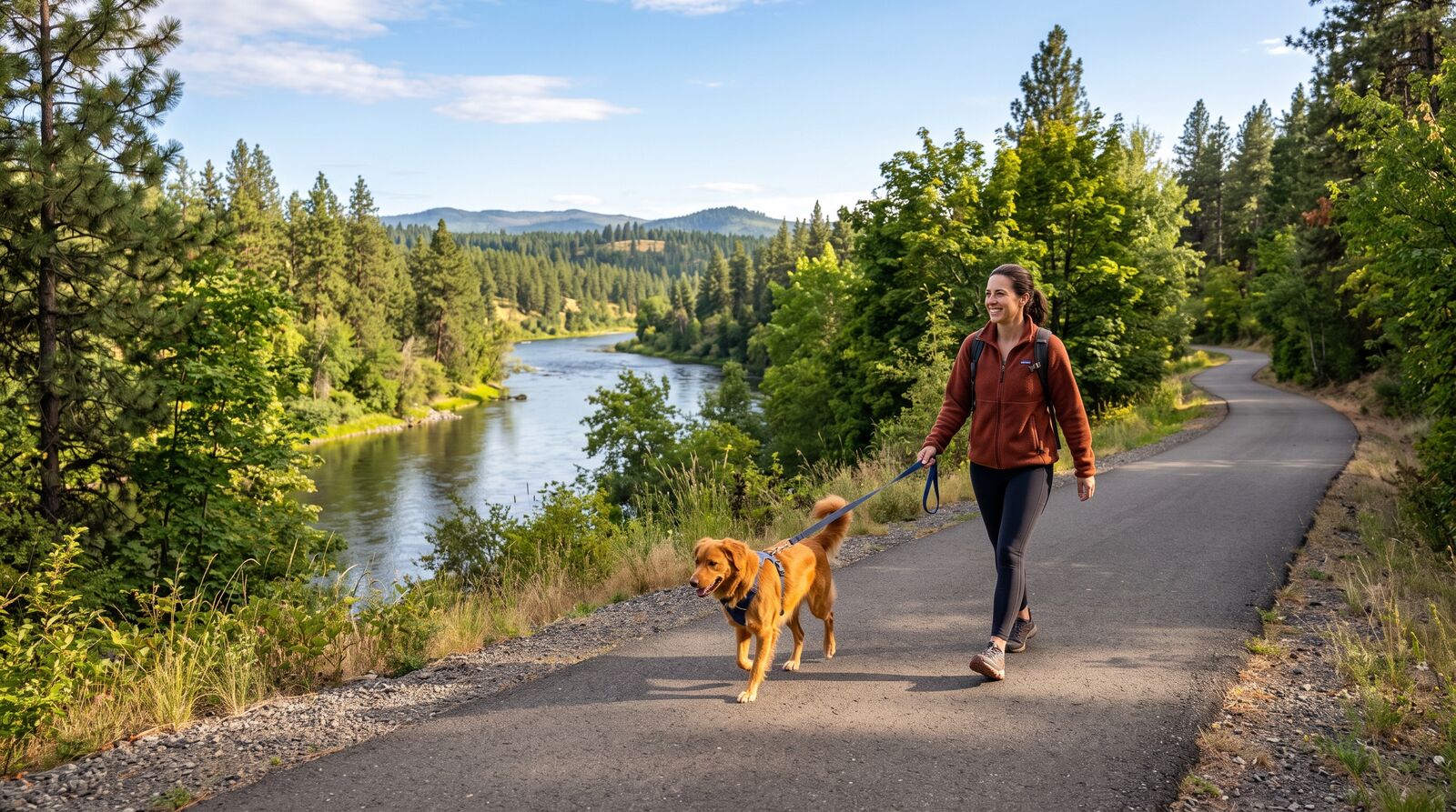 A woman walks a leashed golden retriever along a paved riverside trail lined with pine trees